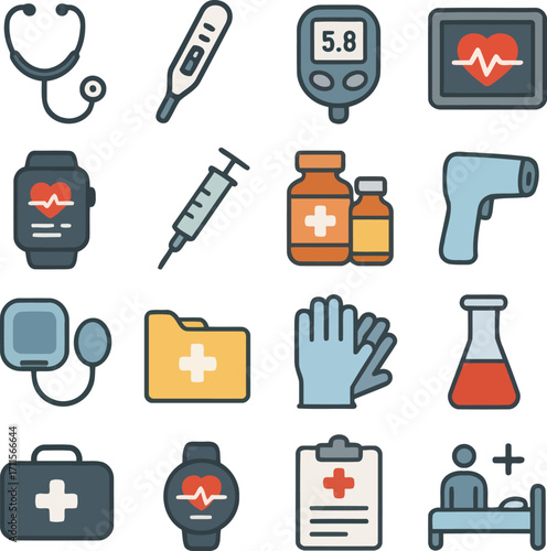 Medical Icons for Healthcare: A collection of medical icons, each expertly crafted, represents a range of healthcare instruments and symbols vital to health and patient wellness.