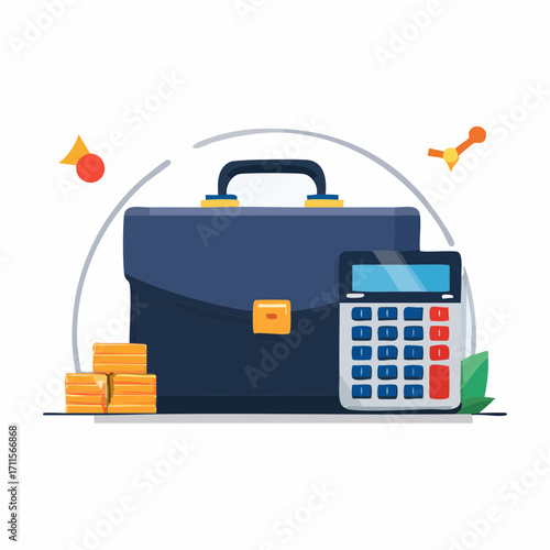 Financial planning and investment management concept showing a business briefcase, calculator for budget analysis, and stacks of gold coins