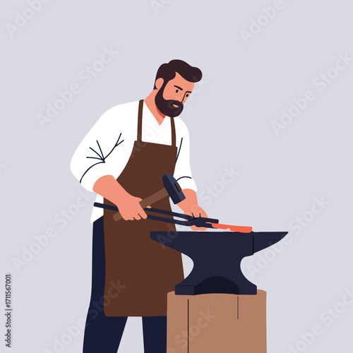 Animated man in apron hammers hot metal on anvil in stylized form against a light background