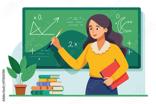 Teacher explains math concepts in a classroom with green chalkboard and books during school hours