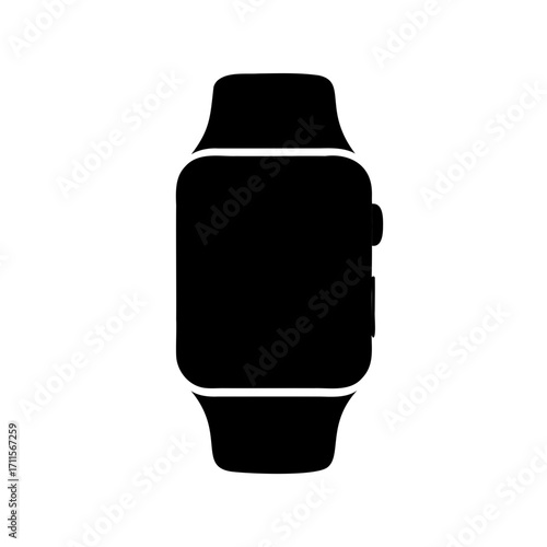 A black silhouette of a modern smartwatch featuring a rectangular screen and band