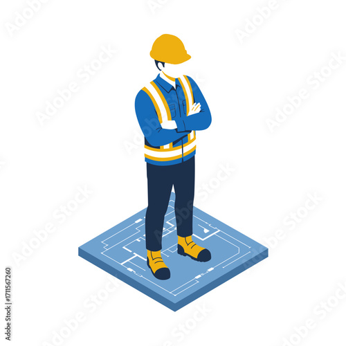 A confident construction worker in a hard hat and safety vest stands on an architectural blueprint, representing diligent project planning and successful execution.