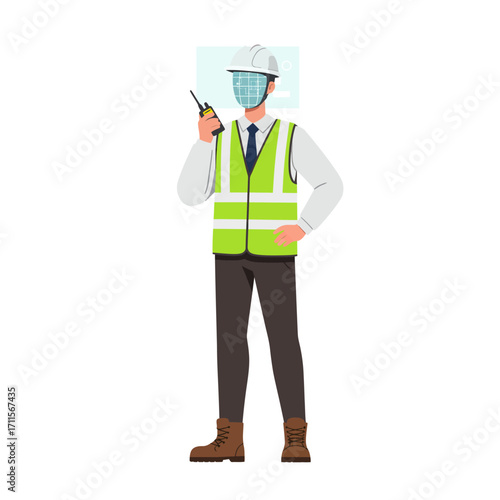 An anonymous male professional, dressed in a protective hard hat and a bright safety vest, actively communicates using a walkie-talkie for efficient operational coordination.