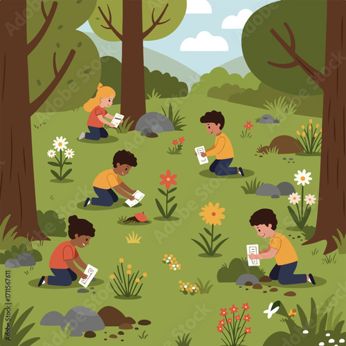 Children exploring nature in an outdoors illustration with flowers, trees, and greenery