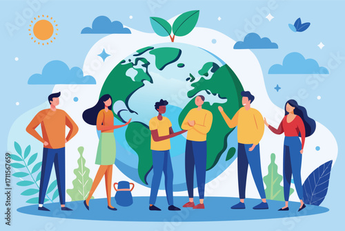 People discussing environmental care and sustainability near a globe in a colorful illustration