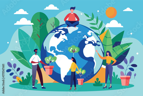 People working together to promote sustainability and environmental awareness in a vibrant and colorful setting