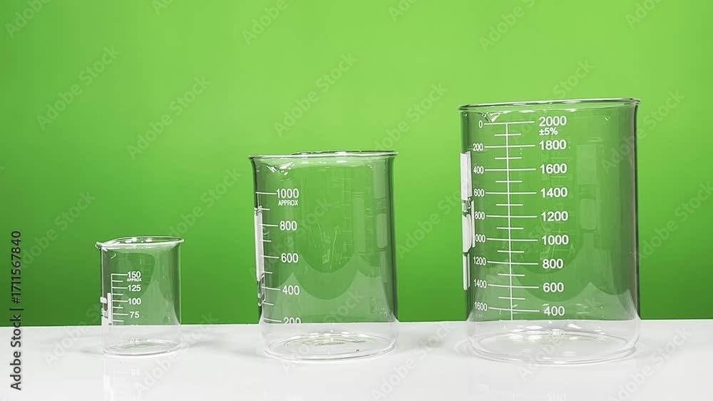 Three empty glass beakers of different sizes on white surface with green background