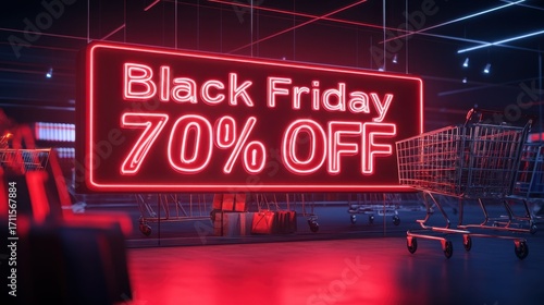 Neon sign Black Friday sale 70 percent off glowing light with shopping cart in dark store background