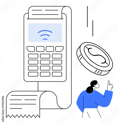 POS terminal processes contactless payment, receipt emerges. Large coin symbolizes currency. Person gestures upward. Ideal for finance, contactless transactions, retail, innovation, technology