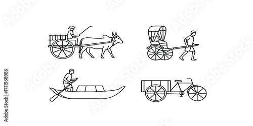 Print  Line art vector icon set of Indian rural transport – bullock cart, hand-pulled rickshaw, boat, and cycle van, isolated on white.