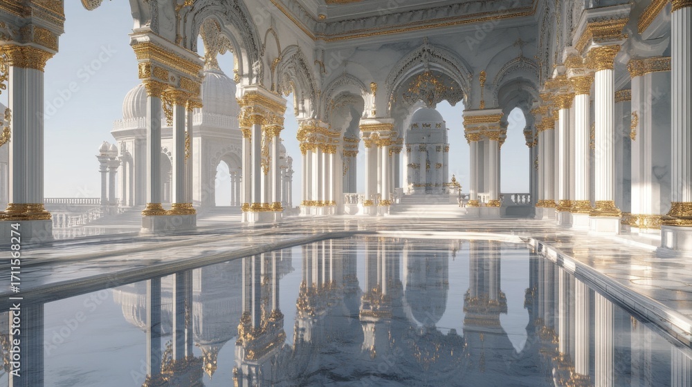 Fototapeta premium White marble palace with golden columns and arches reflected in clear water elegant architecture landmark