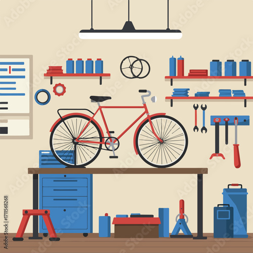 A well-organized repair shop with a red bicycle atop a workbench amidst various tools and supplies
