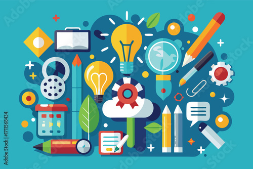 Creative workspace with colorful stationery and light bulbs in a lively design