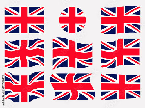 united kingdom flag set vector in various wavy circle perspective style national UK country flags 