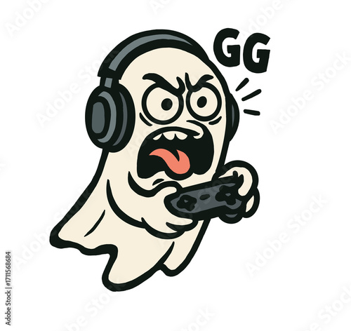 Cartoon Ghost Gamer with Headset Illustration