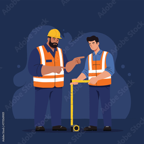 A supervisor wearing a hard hat and safety vest points sternly, instructing a younger worker holding a measuring tape on a construction project.