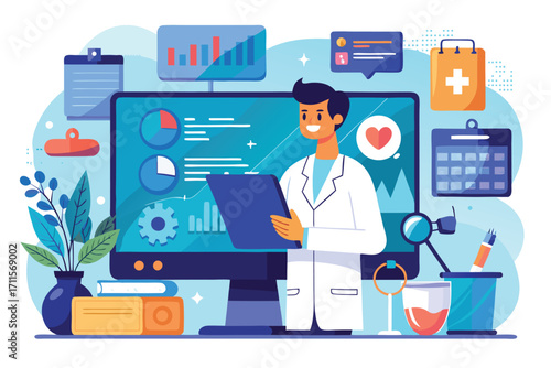 Doctor using digital tools to analyze health data in a modern healthcare office setting