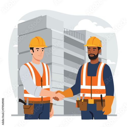 Two diverse construction workers in safety gear are shaking hands, symbolizing a successful partnership or agreement on a building site.