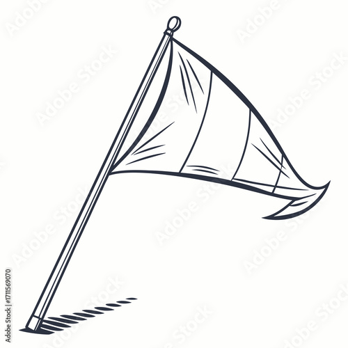 A simple hand drawn outline of a flag waving on a pole with a shadow
