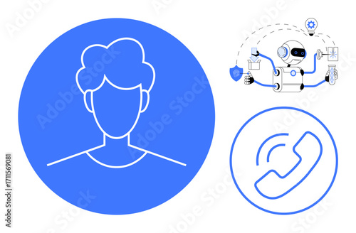 Minimalist human head profile, robot performing tasks, and phone icon. Ideal for technology, AI, customer support, communication, automation identity networking. Simple flat metaphor