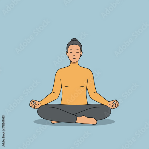 Person with closed eyes in meditative lotus position on light blue background, illustration