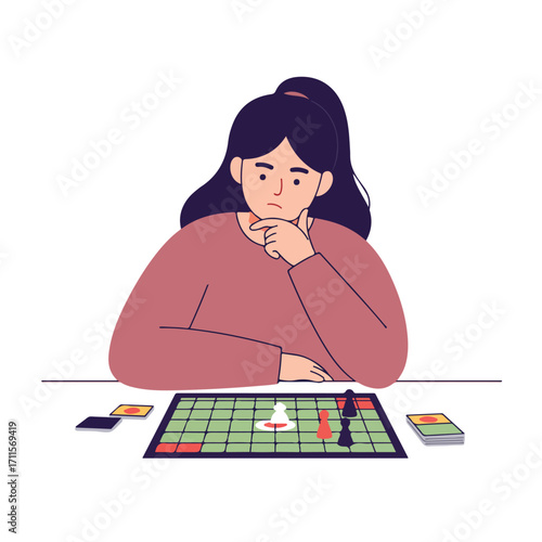 A woman is deep in thought while playing a board game, considering her next strategy move