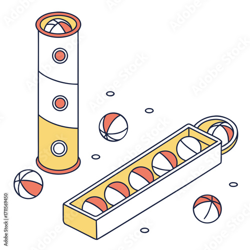 Isometric illustration of a toy ball drop game with a tower and a tray of balls