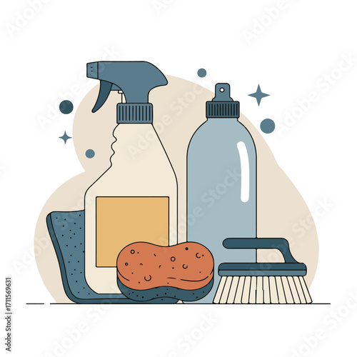 Cartoon illustration of cleaning supplies spray bottle, sponge, brush on a white background