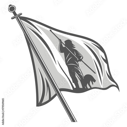 Stylized illustration of a person and dog on a flowing flag held by a sword