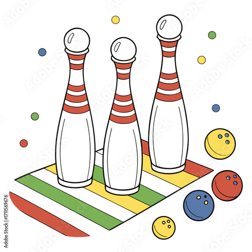 Three bowling pins and balls on a colorful striped mat with scattered dots