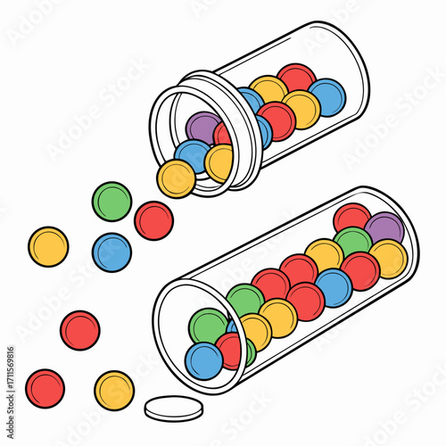 Two clear plastic bottles tilted and spilling colorful round candies onto a white background
