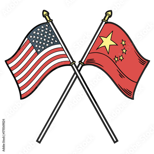 Two crossed national flags of the united states and china representing international relations