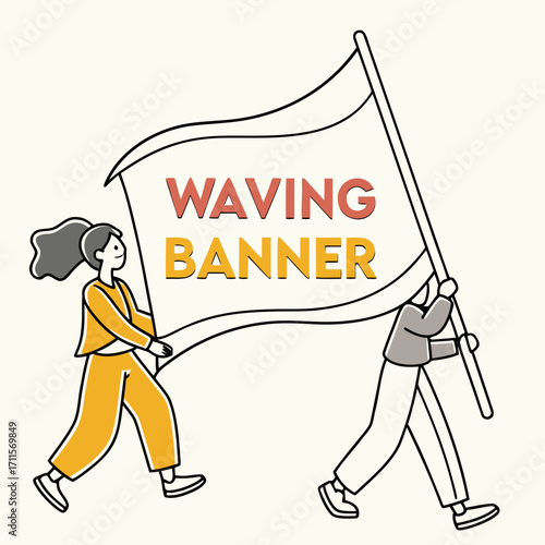 Two diverse people walking together carrying a large waving banner with text