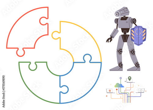 Robot holding shield next to colorful interconnected puzzle pieces and data flow. Ideal for innovation, AI, technology, cybersecurity, teamwork, problem-solving, digital transformation, simple flat