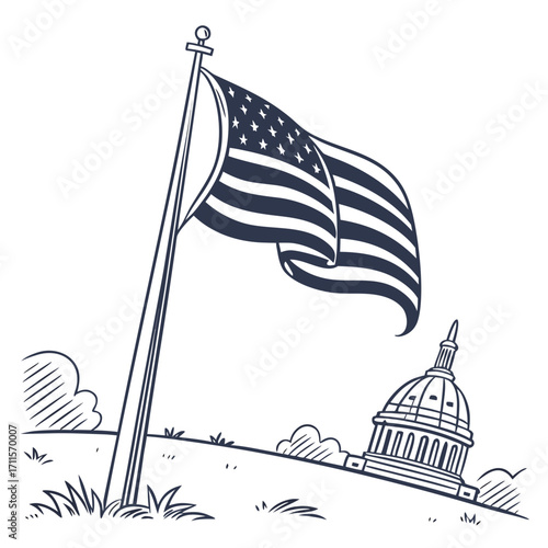 American flag waving proudly on a flagpole with the united states capitol building in the background