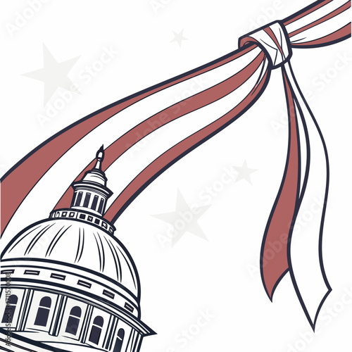 American capitol building dome with red white and blue ribbon and stars