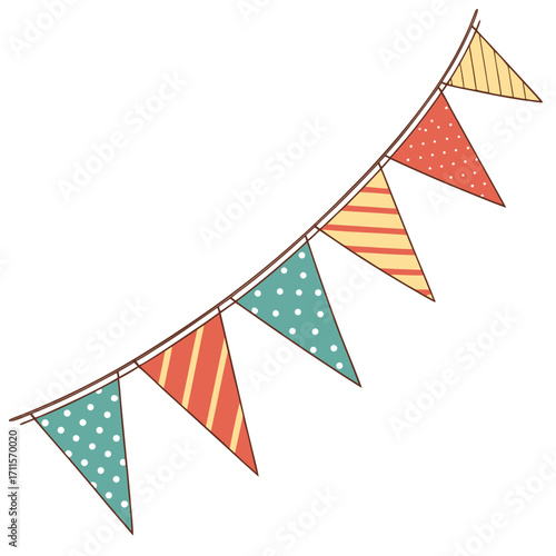 Colorful triangle bunting flags with polka dots and stripes on a white background