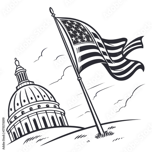 Iconic american flag waving proudly in front of the united states capitol building