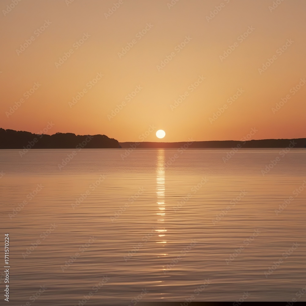Naklejka premium Golden Hour over a Calm Lake – Warm-Toned High-Resolution Wallpaper of Tranquil Lake at Sunset with Soft Reflections