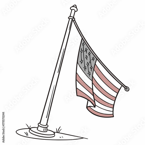 Simple line drawing illustration of an american flag waving on a pole outdoors