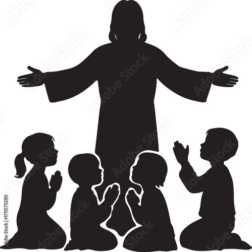 Silhouette of Jesus Christ with children praying in worship Christian faith illustration religion vector spirituality design bible teaching gospel love hope and blessing