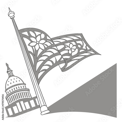 Stylized united states capitol building with a decorative flag waving in the foreground