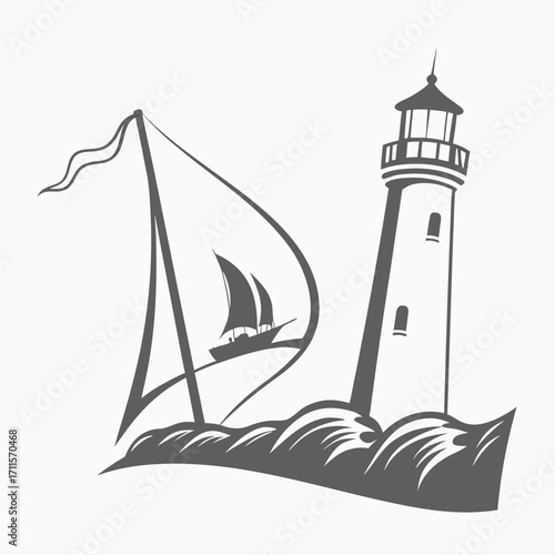 Fototapeta Stylized silhouette of a sailboat and lighthouse on choppy waves