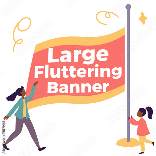 Two diverse people celebrate raising a large fluttering banner with text on a flagpole