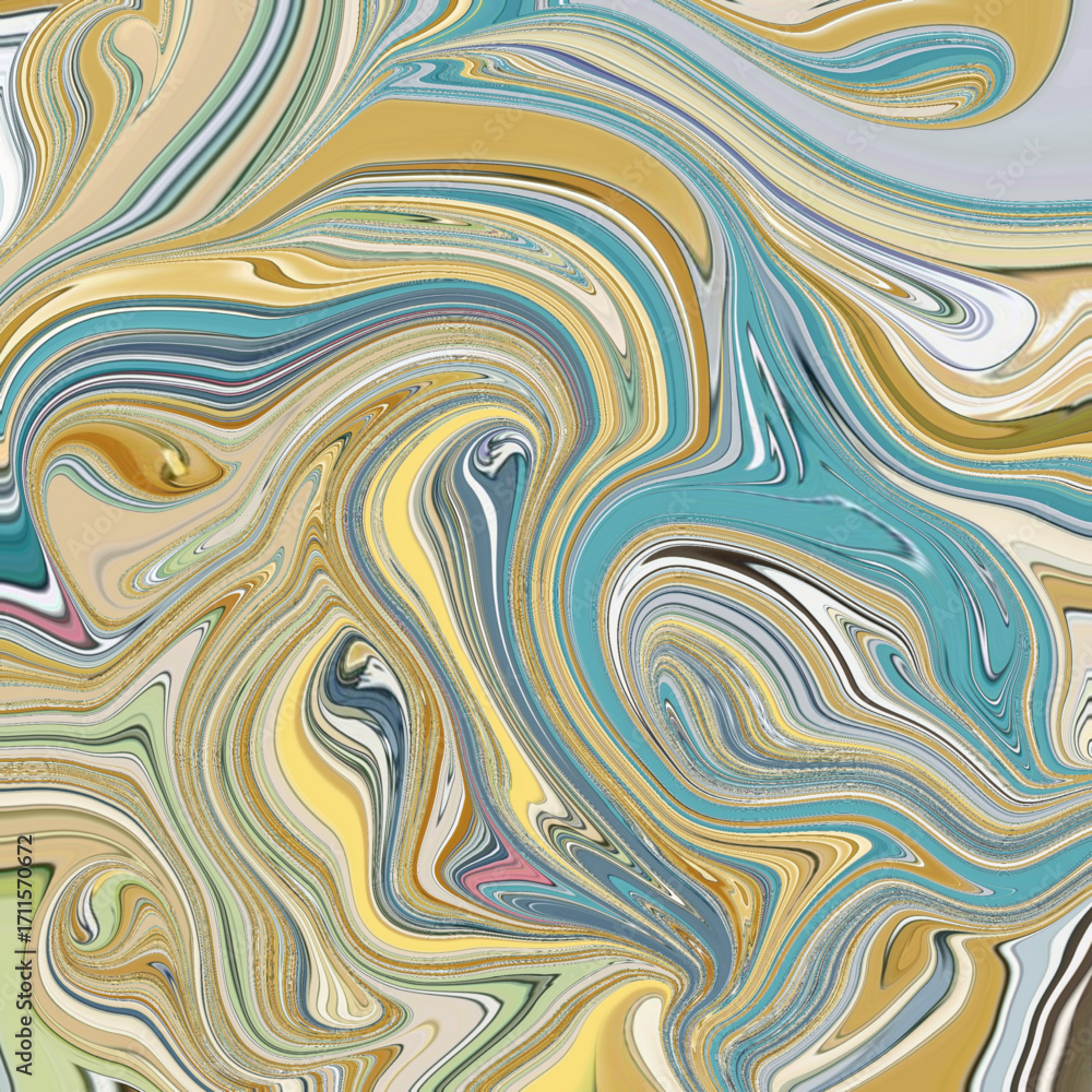 Obraz premium Abstract swirl artwork in turquoise, gold, and cream tones, creating a fluid marble pattern. Perfect for background, texture, or modern design. Abstract, Swirl, Marble, Pattern, Texture
