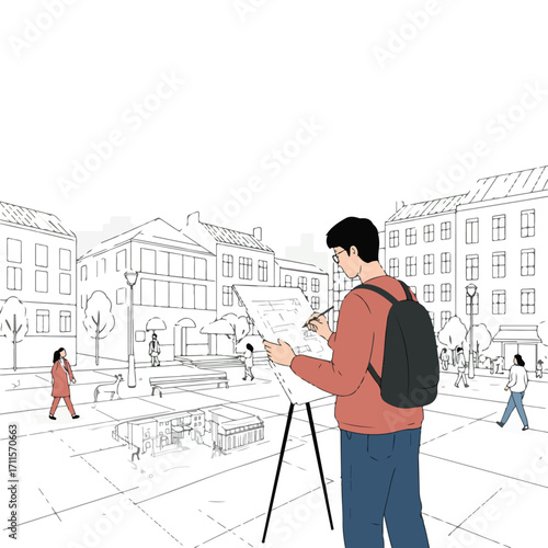 Artist sketches an urban scene on paper, buildings and pedestrians in background, simple style