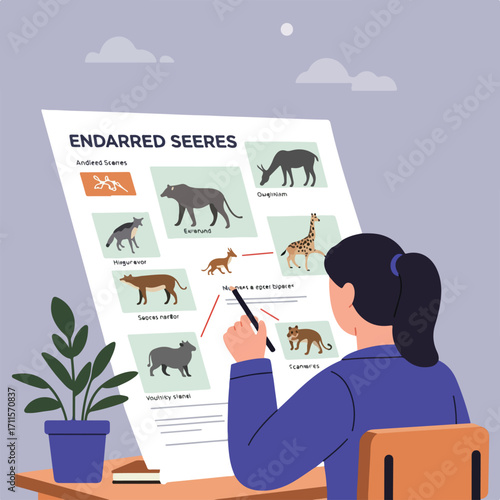 Person drawing connections between endangered animals on a chart, plant on the desk