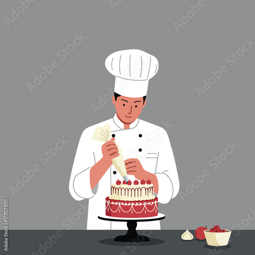 Baker wearing white uniform carefully decorates red cake with cherries on black table
