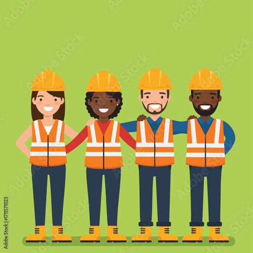 A diverse team of smiling construction workers wearing safety vests and hard hats demonstrates unity and professional collaboration in an industrial setting.