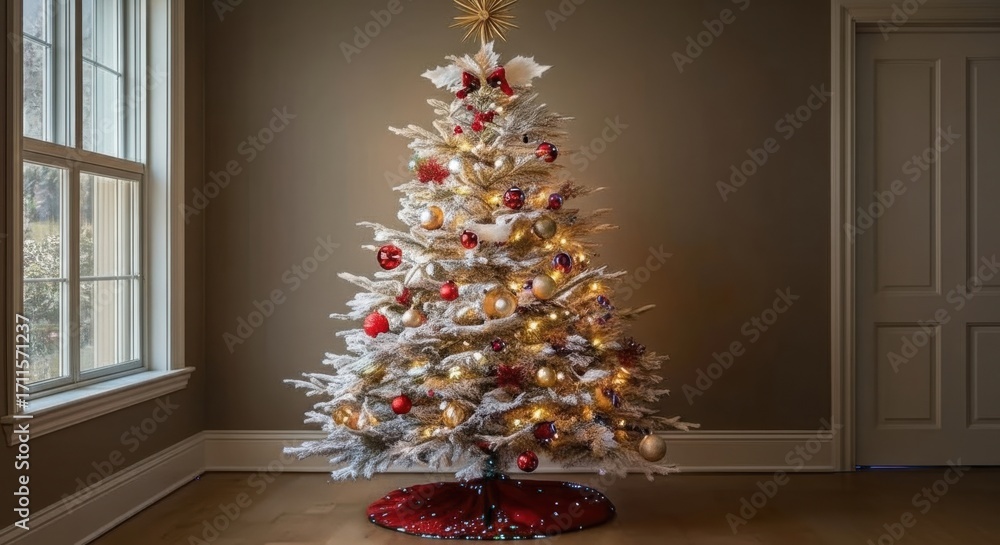 Fototapeta premium Beautifully decorated flocked christmas tree with warm lights